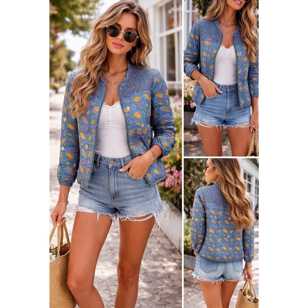 dRA Los Angeles x Anthropologie Floral Lightweight Quilted Jacket Blue Womens M